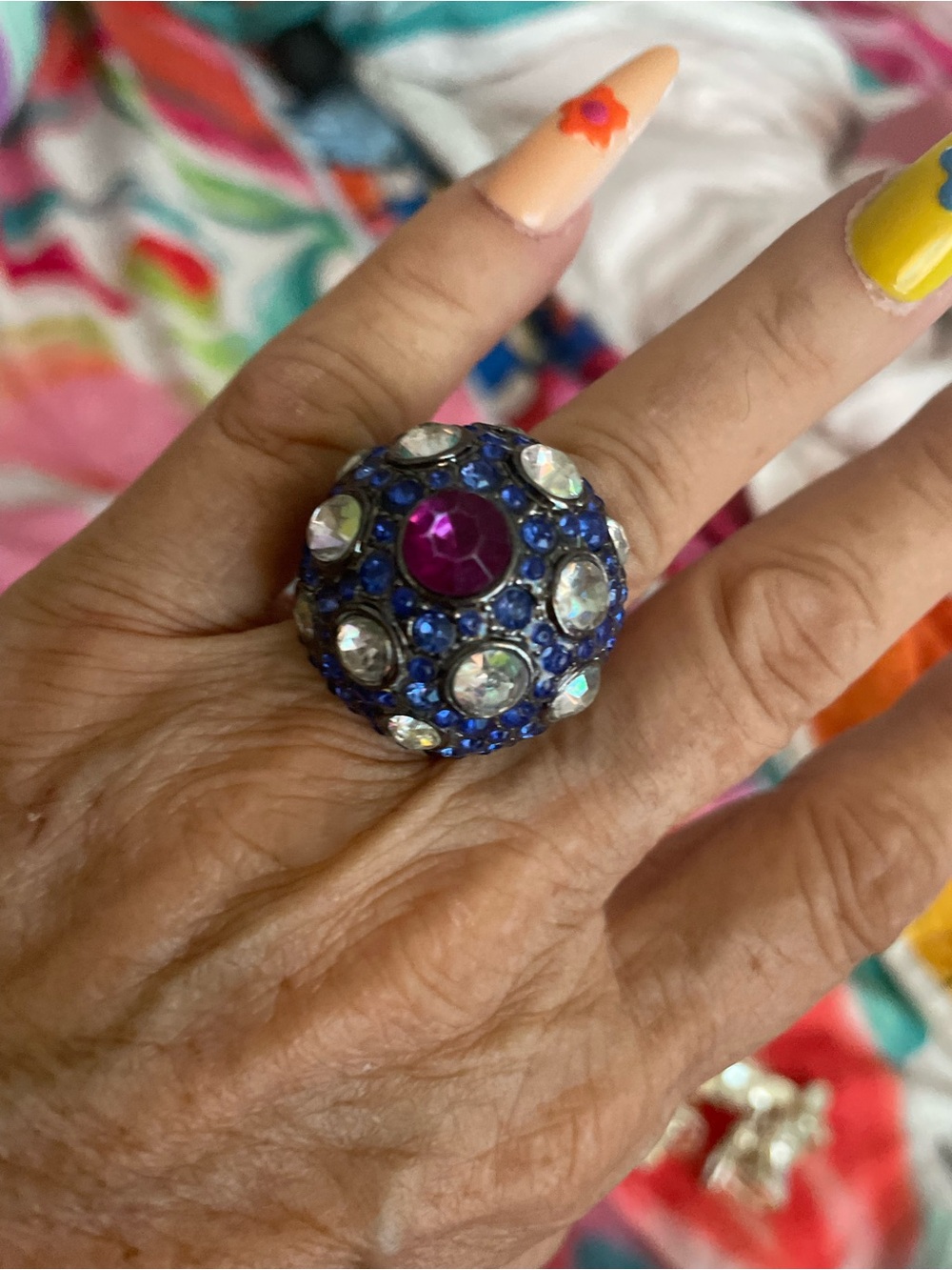 Statement Dome Cocktail Ring with Blue and Fuchsia Crystal Accents